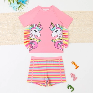 Pink unicorn kids two-piece swimsuit with rainbow ruffles and striped shorts set