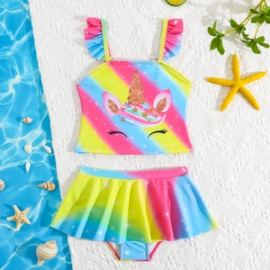 Mädchen-Tankini-Badeanzug mit Regenbogenverlauf, funkelndem Einhorn und Rüschenträgern