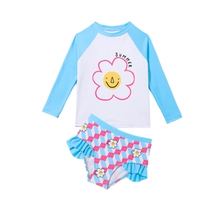 Two-piece long sleeve sun protection kids swimsuit with floral print and ruffles