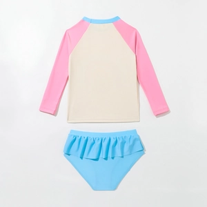 Bañador de dos piezas con manga larga para niña, diseño de arcoíris y falda con volantes