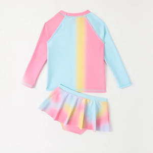 Maillot de bain deux pièces fille à manches longues avec dégradé arc-en-ciel et jupe
