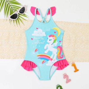 Kids one-piece unicorn swimsuit in light blue with pink ruffles and crisscross straps