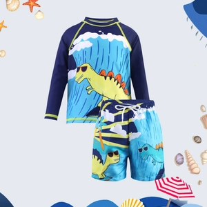 Kids long sleeve cartoon dinosaur swimwear set with swim shirt and matching shorts