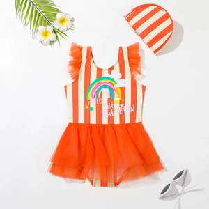 Girls striped swimsuit with orange mesh tutu and matching hat for summer swimming