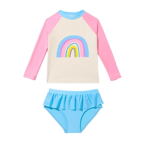 Bañador de dos piezas para niña con manga larga, arcoíris y pantalones con volantes