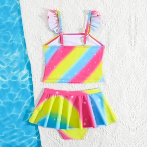 Mädchen-Badeanzug-Set mit Regenbogen-Verlauf, Glitzermuster und Rüschenträgern