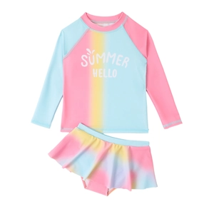 Maillot de bain deux pièces fille à manches longues avec dégradé pastel et motif