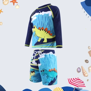 Detail of two-piece long-sleeved kids' swimwear with cartoon dinosaur and beach decor