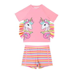 Girls unicorn rainbow stripe two-piece swimsuit with ruffle sleeves and shorts