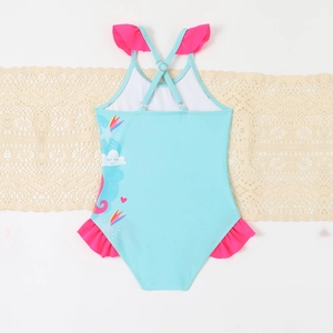 Girls one-piece unicorn swimsuit in light blue with pink ruffles and adjustable cross straps