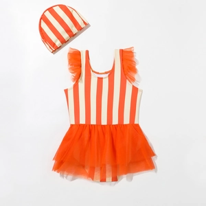 Girls striped one-piece swimsuit with orange mesh tutu skirt and matching sun hat