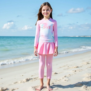 Girls Two Piece Long Sleeve Rash Guard Swimsuit With Skirted Leggings Tie Dye Love Print Sun Protection Swimwear Top And Pants Set