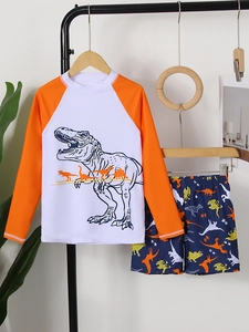 Costume da bagno due pezzi bambino dinosauro a maniche lunghe con maglia e pantaloncini