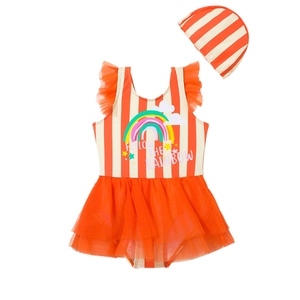 Girls' rainbow stripe swimsuit set with orange mesh tutu skirt and matching swim cap
