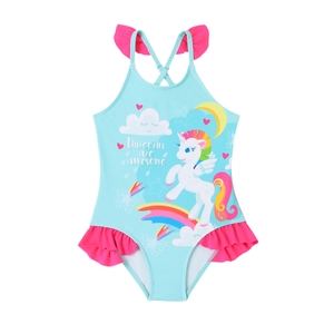 Light blue girls' unicorn one-piece swimsuit with rainbow graphics and pink ruffles