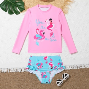 Two-piece girls' long sleeve swimwear set featuring flamingo prints and ruffled details