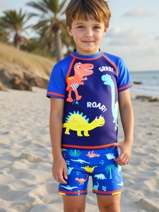 Detail of boys cartoon dinosaur swimwear set with short sleeve rash guard and shorts