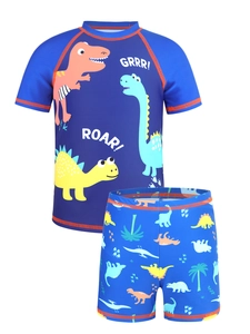 Detail of boys' dinosaur swim set showing short sleeve top and printed swim trunks