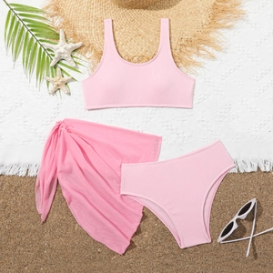 Costume da Bagno a Costine per Ragazze Set da 3 Pezzi Bikini Rosa Con Gonna Sarong per Vacanze al Mare Asciugatura Rapida Bambini Estate