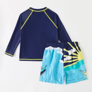 Kids navy long sleeve rash guard and ocean print shorts two-piece swimsuit set