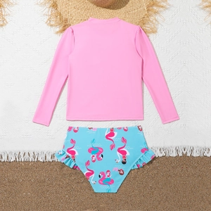 Girls' long sleeve pink swimwear set with flamingo print and high-waist ruffled bottoms