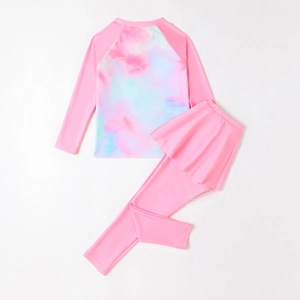 Girl's two-piece long sleeve swimsuit with pink sun protection top and tie-dye leggings
