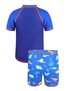 Detail of boys' dinosaur print swimwear set with raglan sleeves and quick-dry fabric