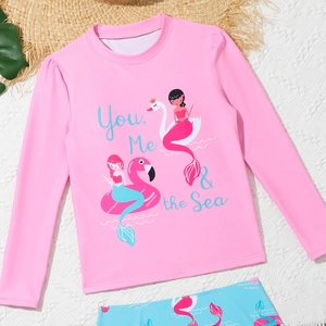 Girls long sleeve swimsuit set with pink flamingo and mermaid print for sun protection