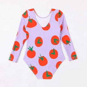 Long-sleeve one-piece girl's swimsuit with purple background and red tomato pattern