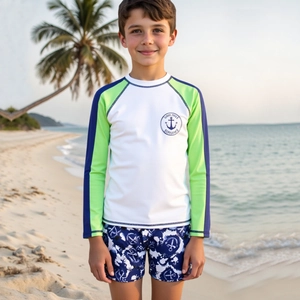 Maillot de Bain Rash Guard Manches Longues Garçon Avec Short et Bonnet de Bain Séchage Rapide Protection UV Imprimé Ancre