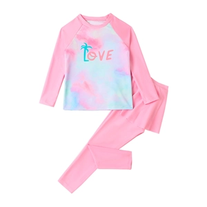 Pink long sleeve two-piece girls' swimwear with tie-dye print and palm tree design