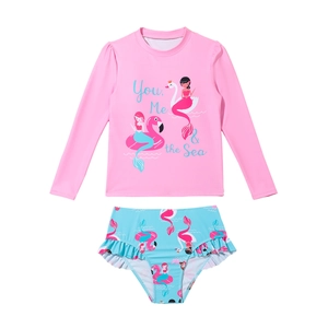 Kids long sleeve two-piece swimsuit with flamingo and mermaid print and ruffled trims