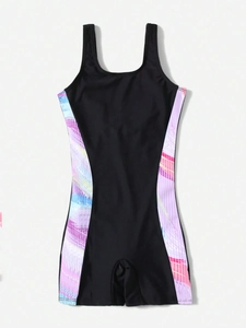 Detailed flat lay of girls athletic one-piece swimsuit with colorful side panels