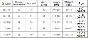 Detailed size chart for boys' swimwear set with height and weight specifications