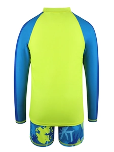 Rear view of long sleeve boys rash guard and tropical palm print swim trunks set