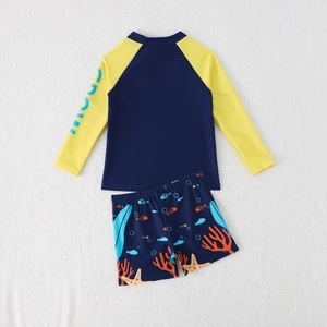 Maillot de bain deux pièces pour enfants à manches longues avec imprimé océan bleu et jaune