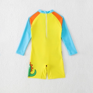 Maillot de bain enfant une pièce à manches longues jaune avec imprimé dinosaure vert