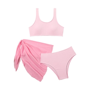 Costume da bagno tre pezzi rosa a coste per bambina con bikini e pareo trasparente