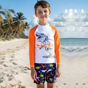 Costume da Bagno a Maniche Lunghe per Bambini Ragazzi Stampa Dinosauro Due Parti Rash Guard Protezione Solare Con Pantaloncini