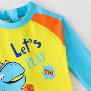 Maillot de bain enfant jaune à manches longues avec imprimé dinosaure et manches bleues
