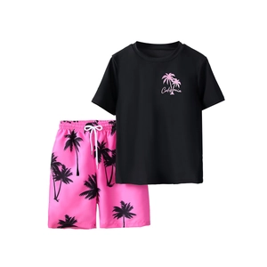 Boys summer swimwear set with black palm tree T-shirt and pink tropical beach shorts