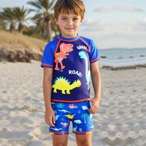 Kids Boys Two-Piece Swimsuit Set Cartoon Dinosaur Short Sleeve Rash Guard And Swim Shorts Summer Beach Wear Blue Swimwear