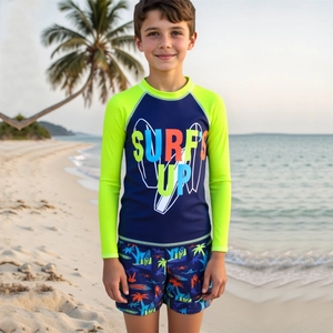 Boys Long Sleeve Two Piece Swimwear Set Polyester Quick Dry Sun Protection Rash Guard With Printed Swim Trunks Kids Beach Wear