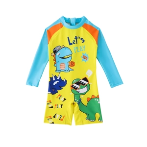 Maillot de bain enfant jaune à manches longues avec motifs de dinosaures colorés