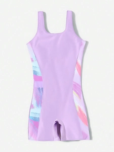 Detailed flat lay of lilac one-piece girls' swimwear with colorful side print patterns