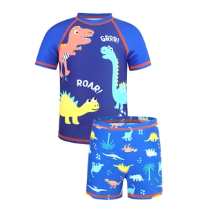 Kids dinosaur print two-piece swimwear set with blue short-sleeve top and swim trunks