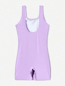Detail view of purple one-piece girl's swimsuit with U-neck and backless design