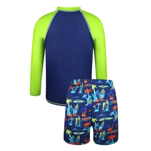 Kids' two-piece swimsuit set with long sleeves, sun protection, and tropical palm prints