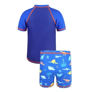 Two-piece boys dinosaur swimwear with short sleeve rash guard and printed swim shorts