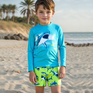 Kinderen Jongens Lange Mouw Haai Print Tweedelig Badpak Zonbescherming Rash Guard Set Hemelsblauw Zomer Zwemkleding